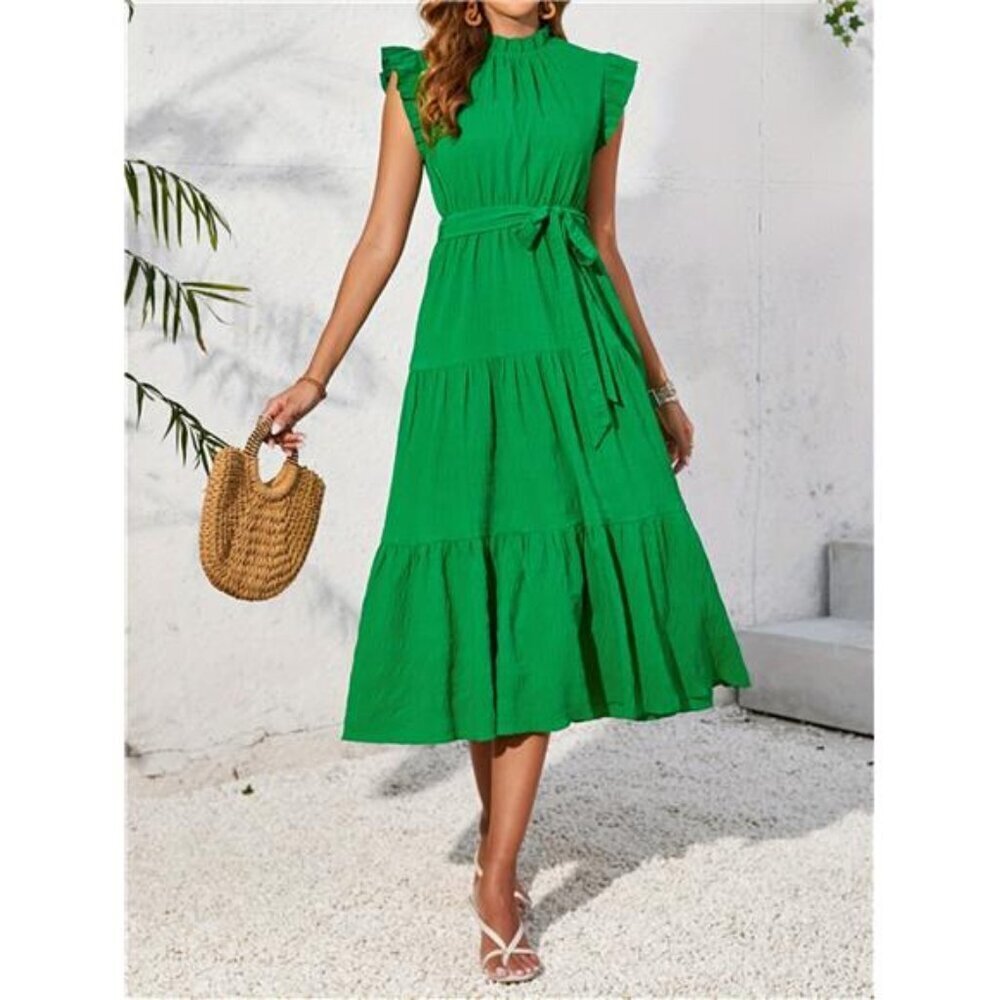 Frill Mock Neck Ruffled Cap Sleeve Midi Dress
